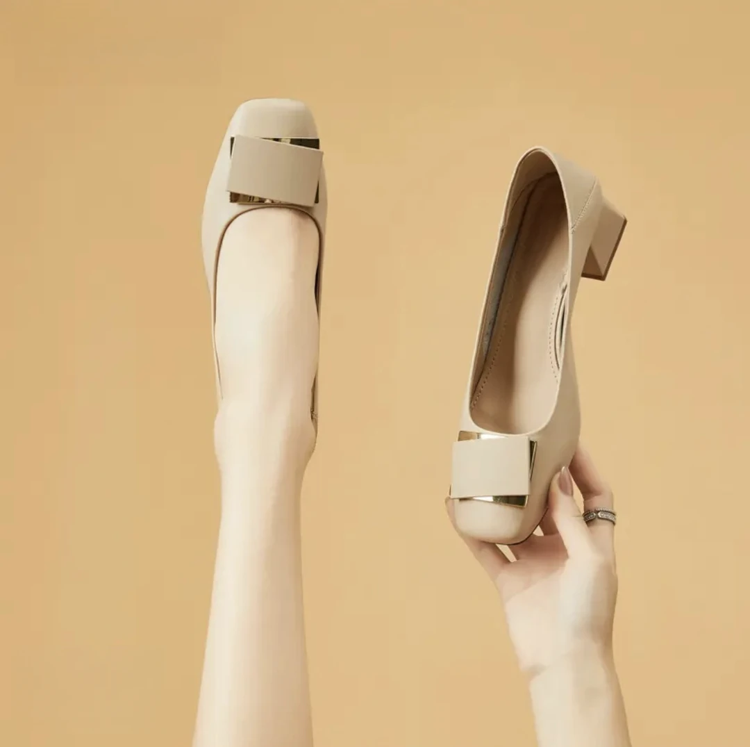 新款简约法式方头浅口中跟女式轻奢小香风高跟鞋通勤上班粗跟单鞋