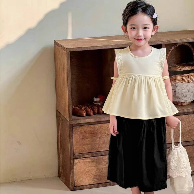 夏女童阔腿裤蕾丝无袖套装夏装夏季85132洋气时尚女孩甜美韩版