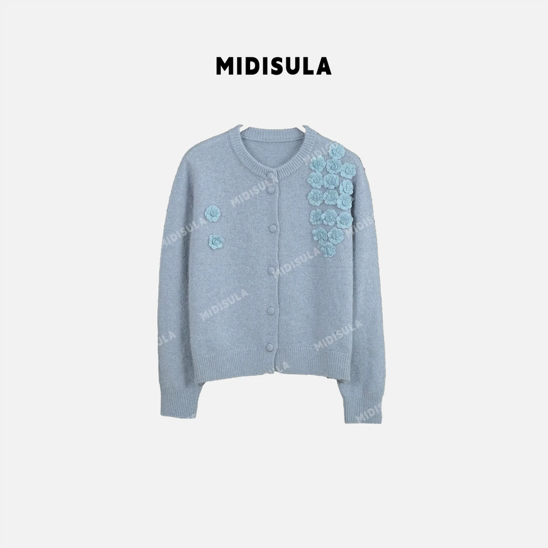 【H.MDSL】立体花朵毛衣宽松垂感圆领气质上衣开衫加厚羊毛衫#1916
