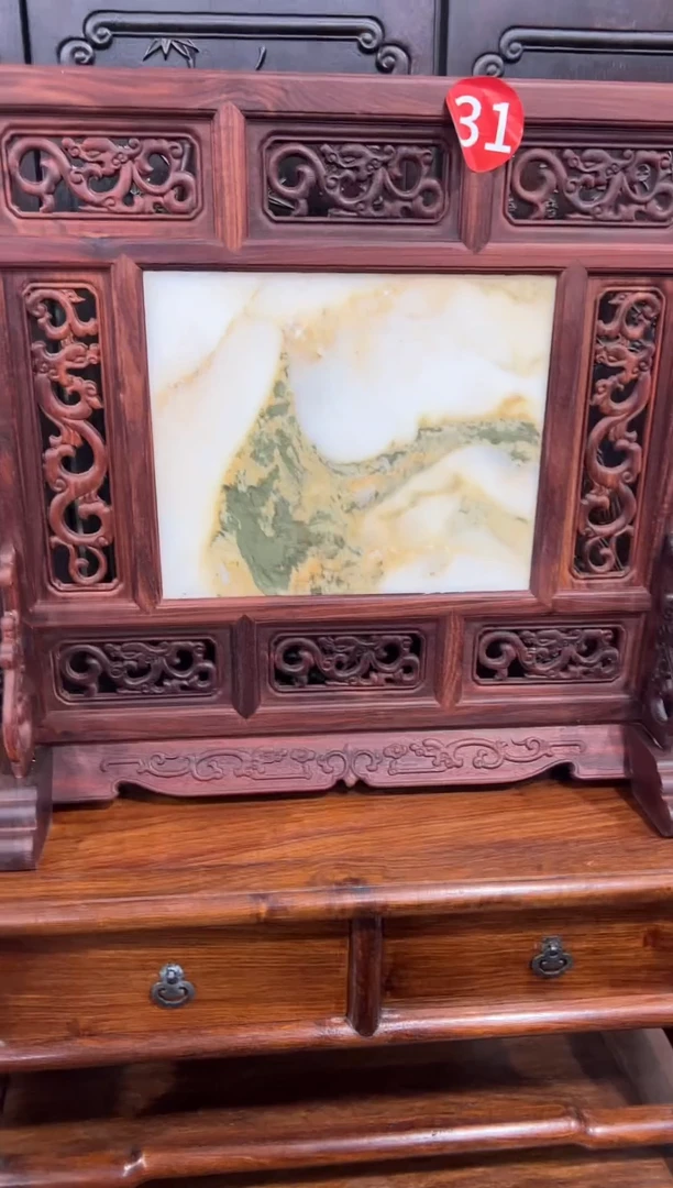 木紫檀原色镂空雕刻地镜屏风