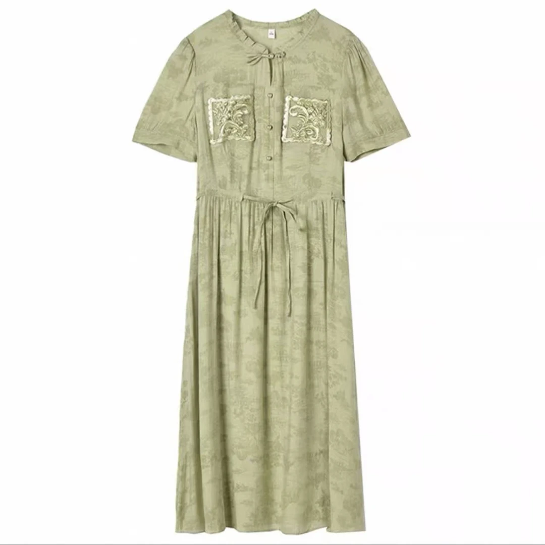 【W239杏色绿色国风】休闲时尚百搭洋气2025夏季新款短袖连衣裙