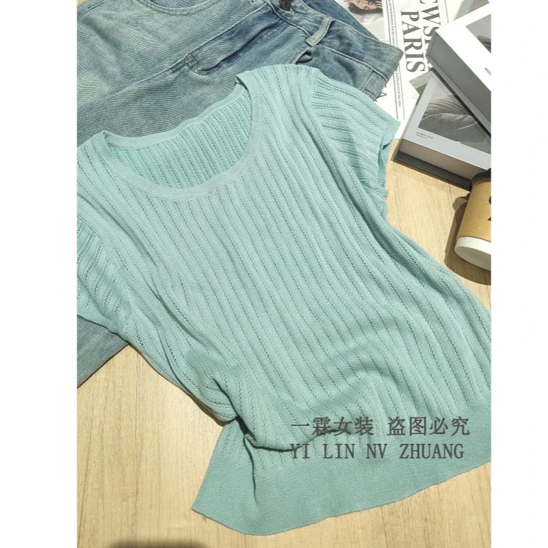 一霖女装2025新款圆领上衣洋气纯色显白百搭短袖针织衫WY13321