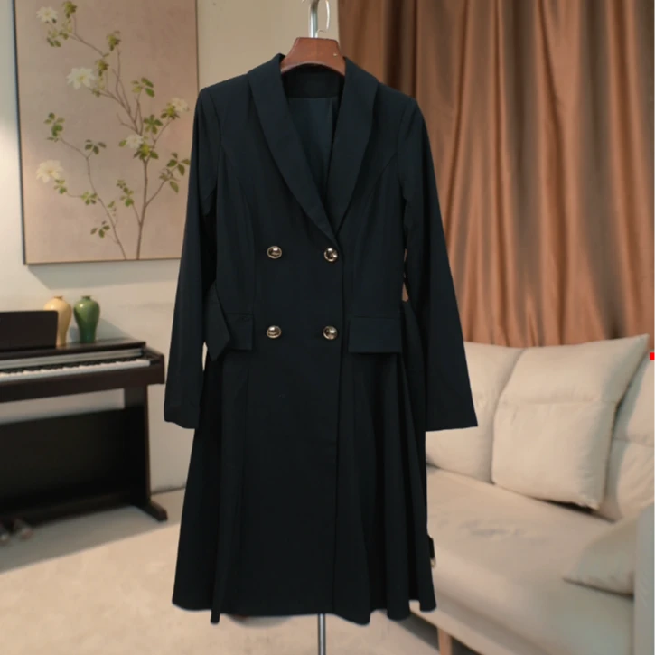 G421 中长款垂坠感裙型下摆双排扣风衣女 333H36