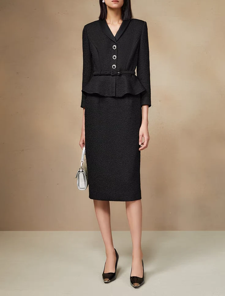 冬季新款曜石黑高级商务质感假两件连衣裙
