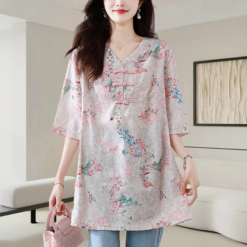 新中式国风碎花衬衫女2025夏季新款大码宽松休闲显瘦V领盘扣上衣