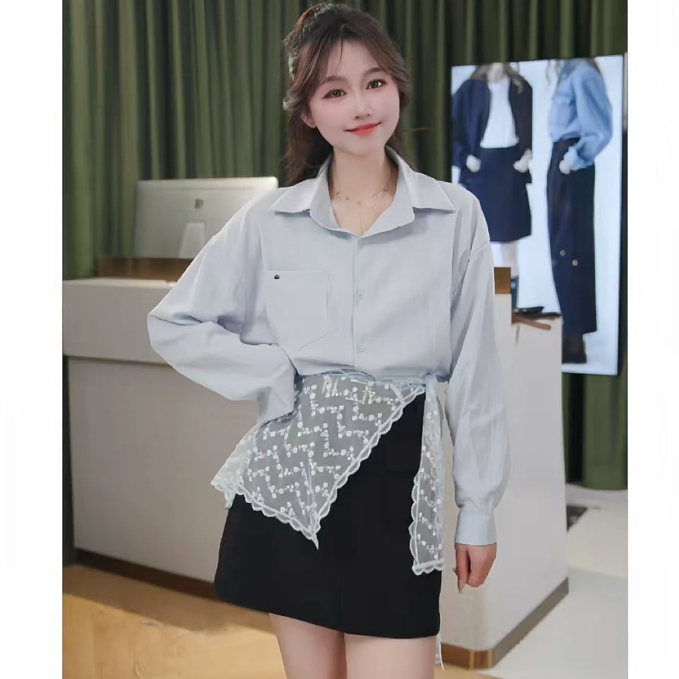 【一见倾心】春季法式翻领长袖衬衫女大码飘带慵懒风小众上衣