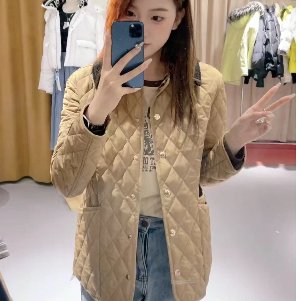 冬季新款韩版休闲宽松大码菱形夯格翻领女棉衣棉服外套洋气休闲装