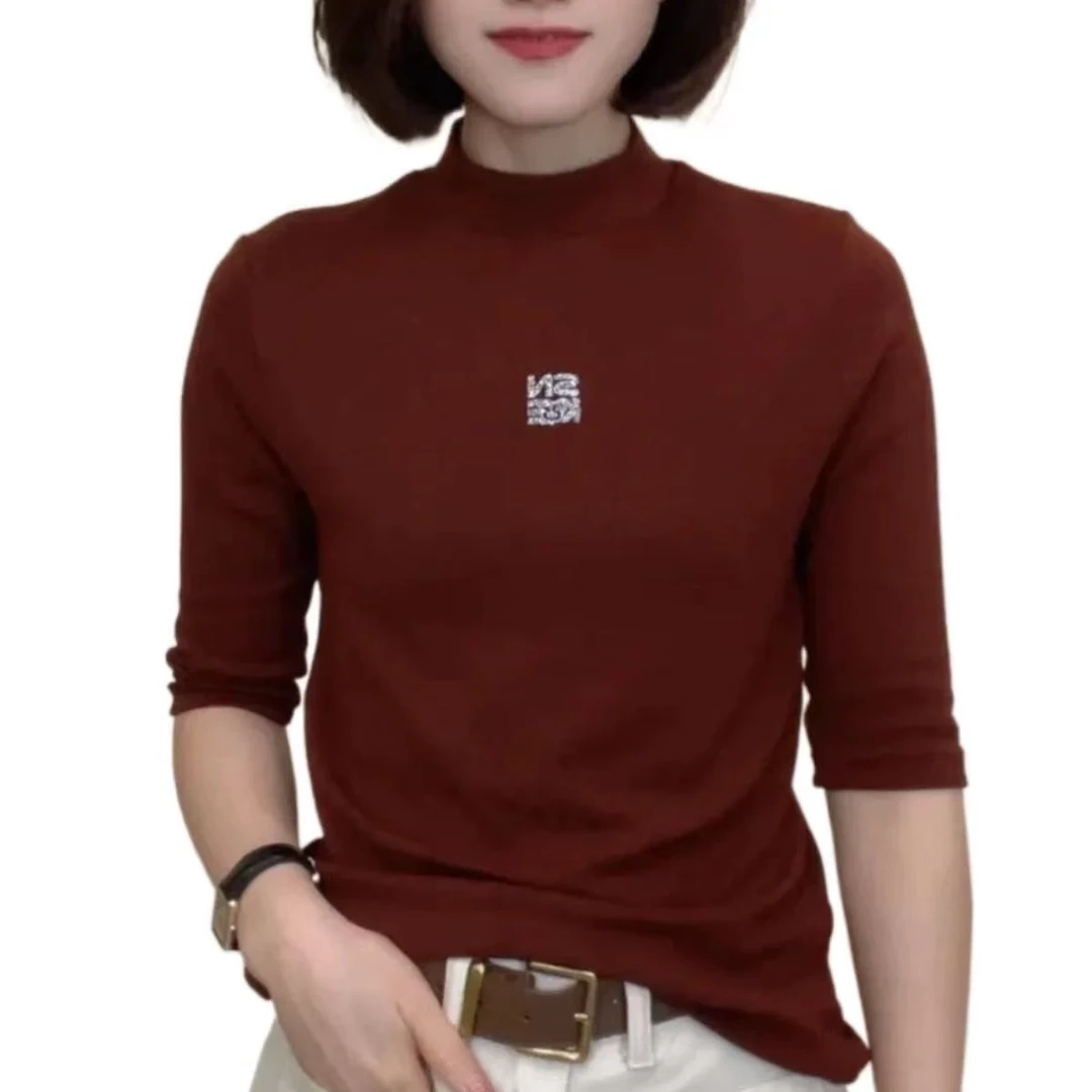 常规款宽松型短袖圆领五分袖T恤加厚休闲打底衫堆领修身针织百搭