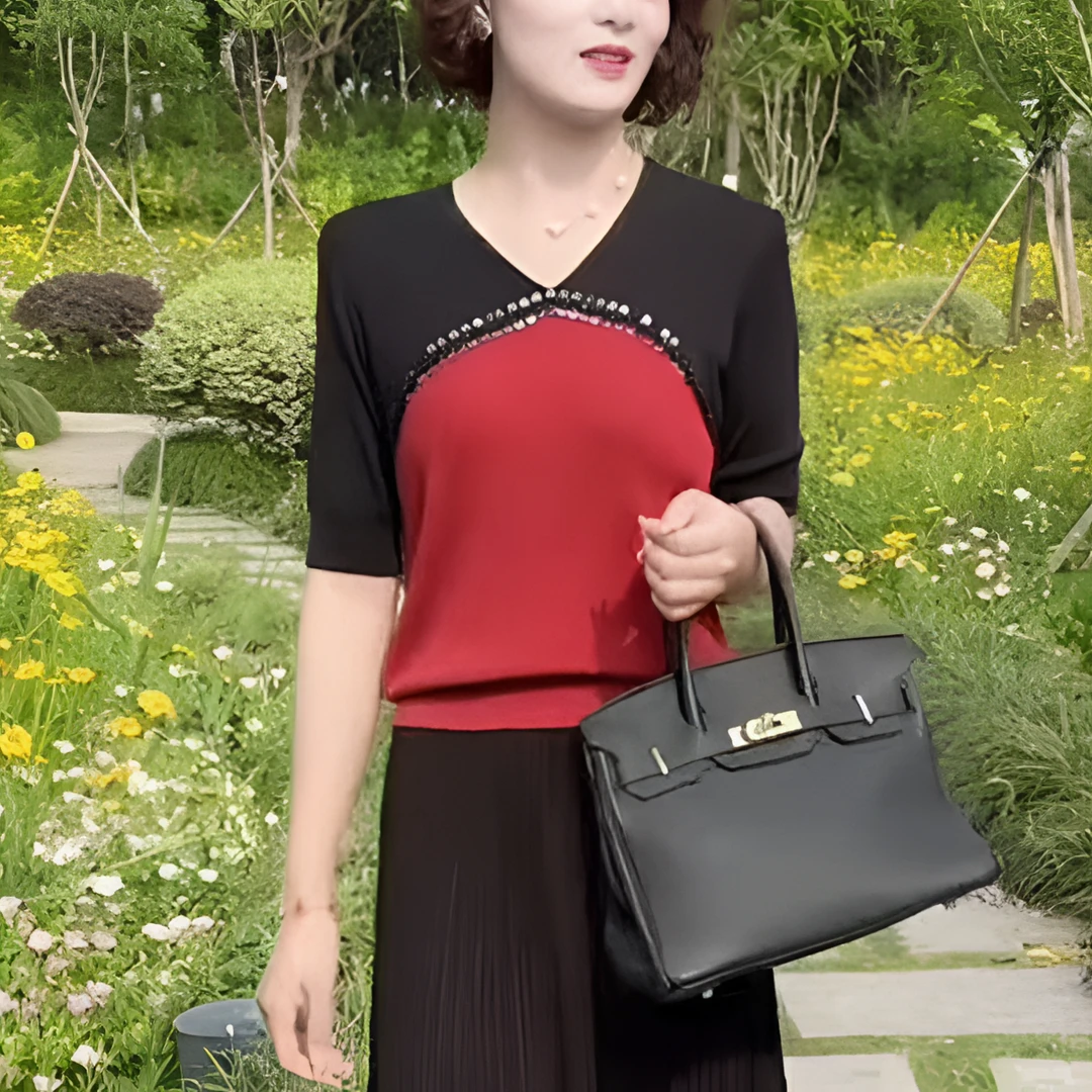 夏季薄款复古国风气质拼色亮片V领针织衫女短袖宽松显瘦上衣中式