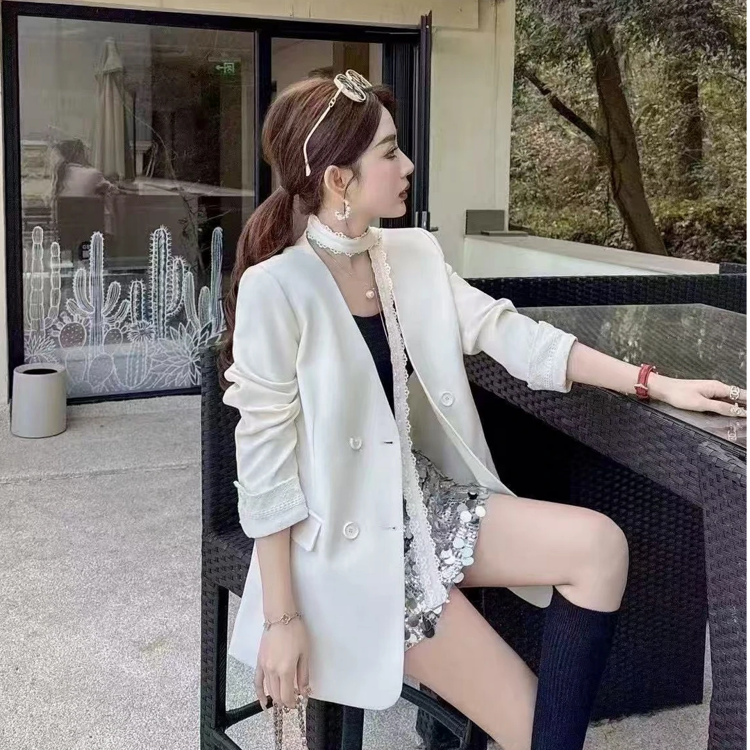 无领西装外套女2025新款春秋季气质高级感休闲蕾丝花边小西装