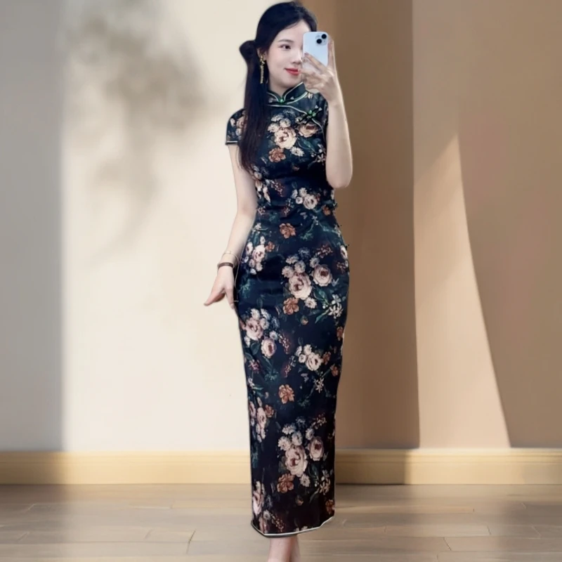 白幼秀夏季真丝气质日常复古设计师夏季年轻修身显瘦旗袍5705