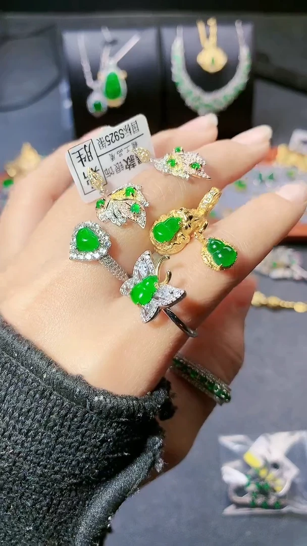 【闪购商品】翡翠戒指银S925镶嵌戒指耳饰5件