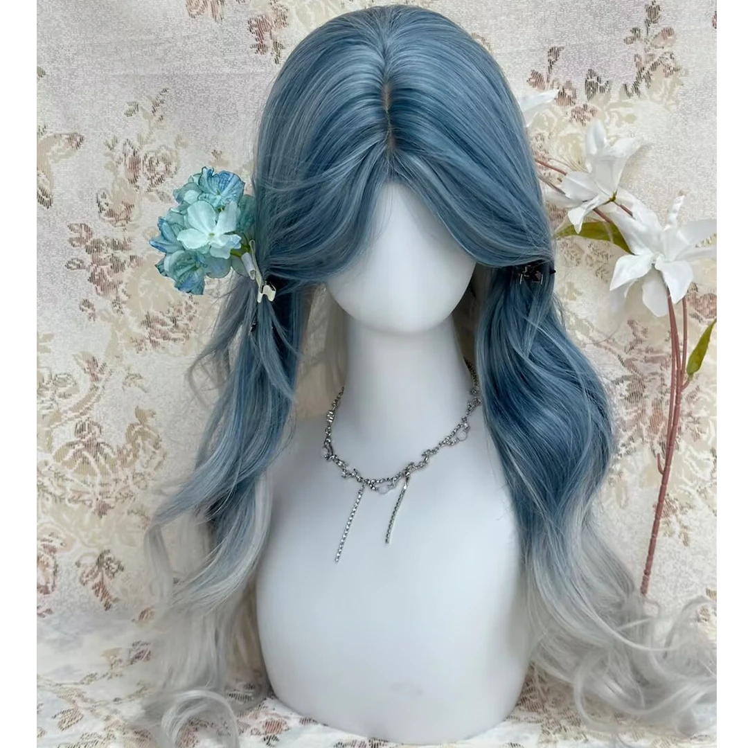 【海盐雪糕】氛围感渐变蓝仿真卷发假发全发套柔顺平价全头套假发