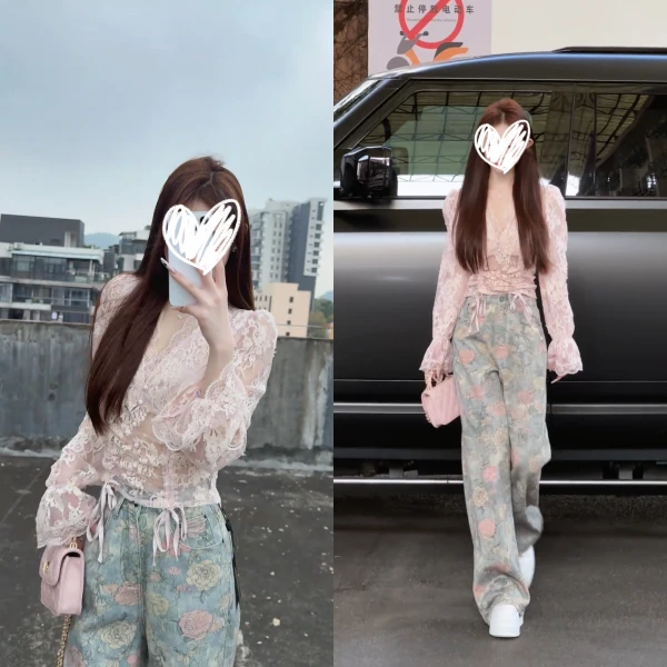 2025百搭蕾丝抽绳V领喇叭袖上衣设计感高腰宽松牛仔阔腿裤套装女