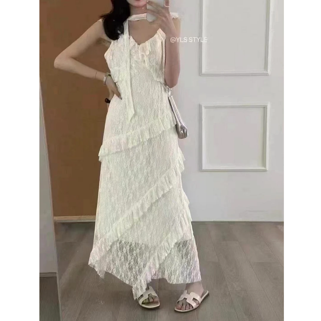 2025夏不规则蕾丝花边裙气质显瘦百搭设计感拼接吊带连衣裙女