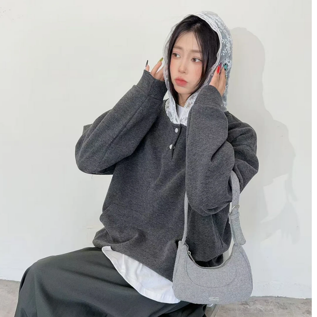 韩系减龄2025早春新款卫衣女宽松显瘦拼接蕾丝连帽套头学院风上衣