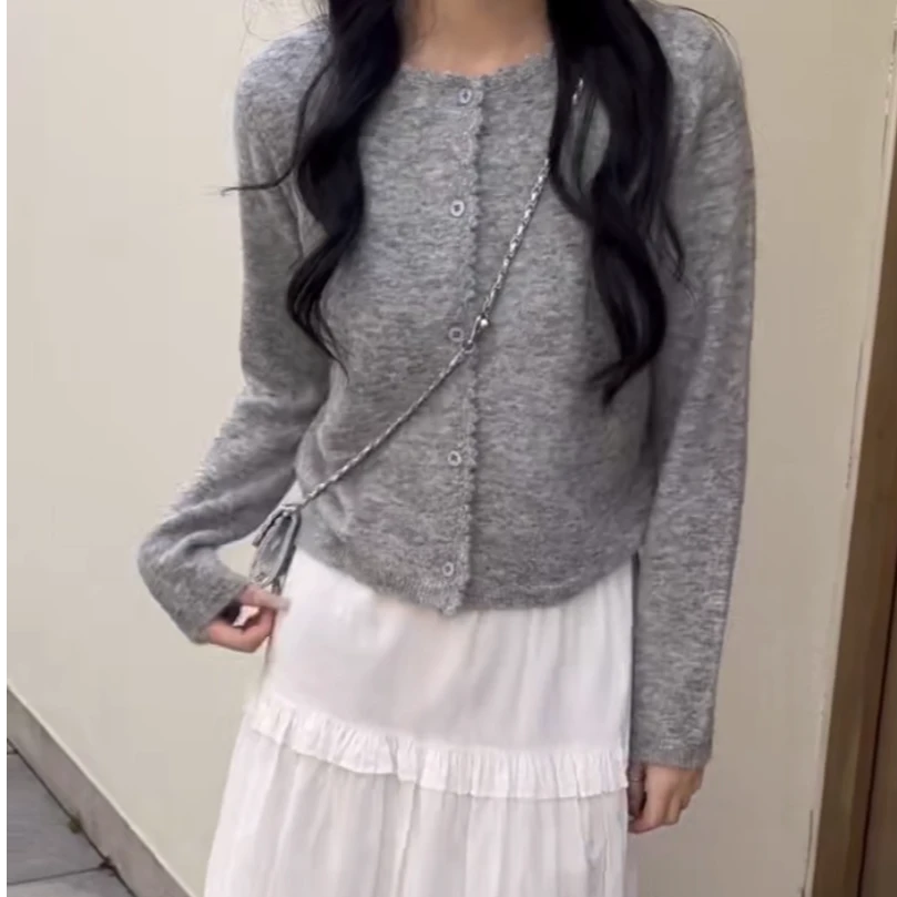 SOSO/梧颜 春秋纯羊毛衫女圆领针织开衫洋气百搭毛衣外套 020