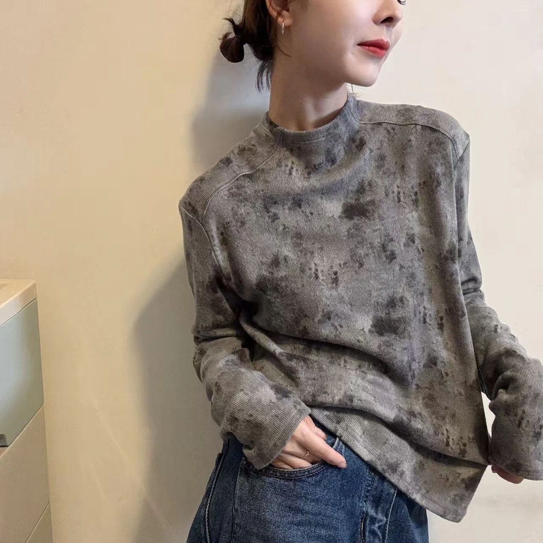 杏色复古扎染半高领长袖T恤女秋冬磨毛内搭打底衫加厚体恤上衣潮