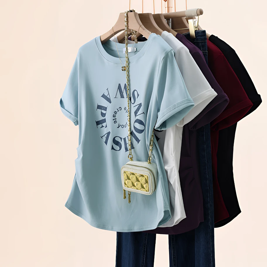 褶皱抽褶短袖圆领宽松型t恤设计感夏季T恤大码吸汗宽松百搭显瘦