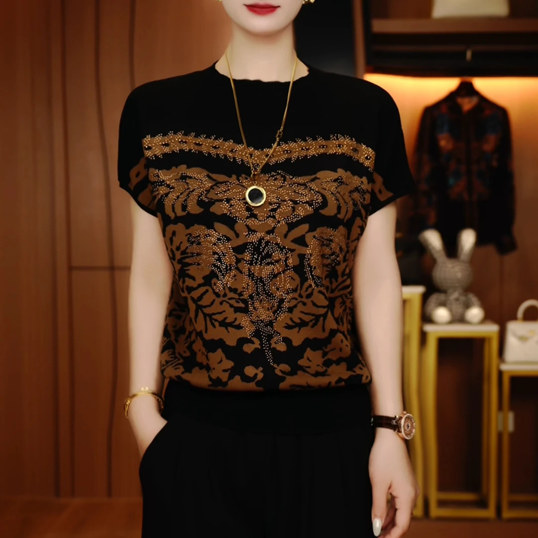 D250534-夏季短袖抗起球高端显瘦减龄洋气宽松女士气质时尚