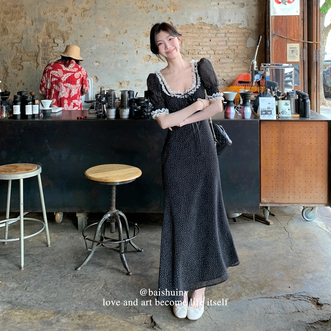 【白塔玫瑰】白月光大U领花边连衣裙女早春韩系chic别致穿搭长裙女