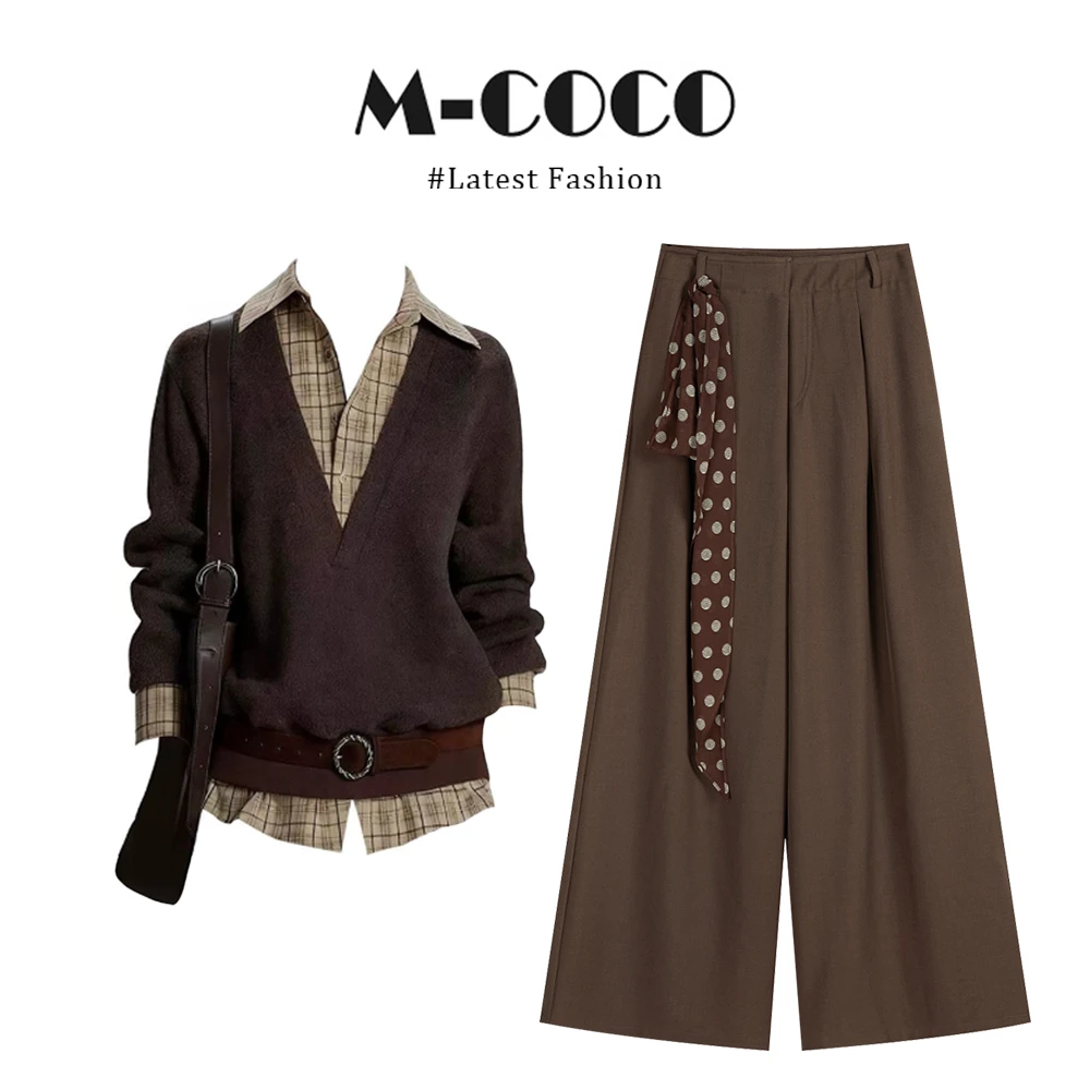 INSCEC美拉德穿搭格纹领拼接假两件上衣毛衣休闲裤套装女气质