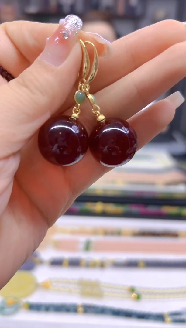 14K金镶嵌血珀耳饰DIY款E706