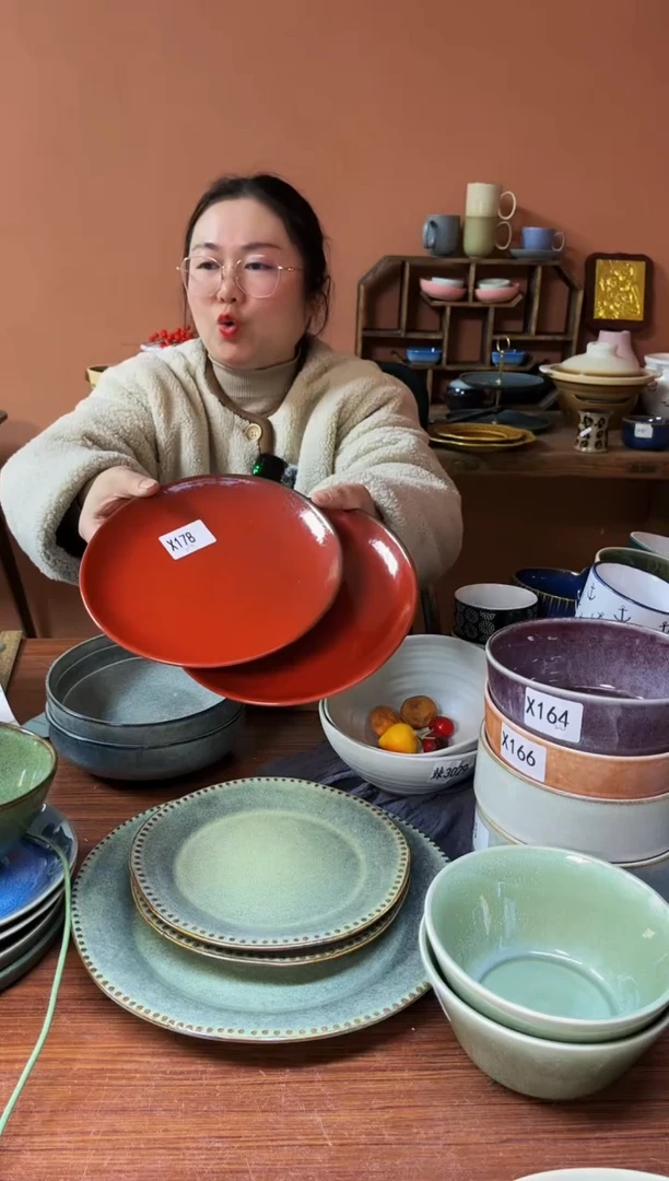 【闪购商品】碗X178 陶瓷盘子红色瑕疵两件套