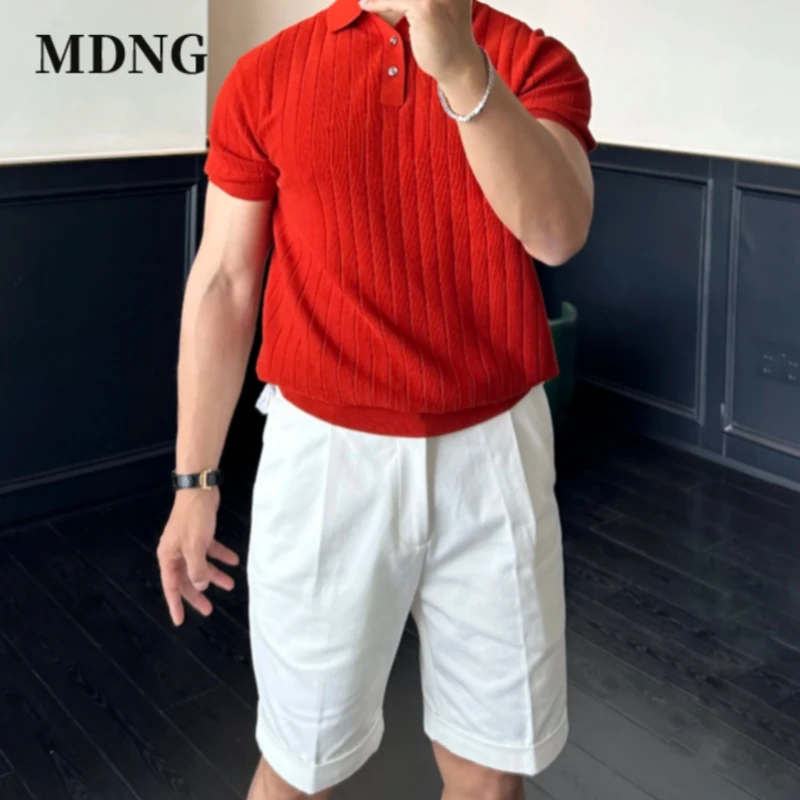 MDNG夏季新款男士针织POLO衫高级感竖纹纯色百搭男装潮流弹力短袖