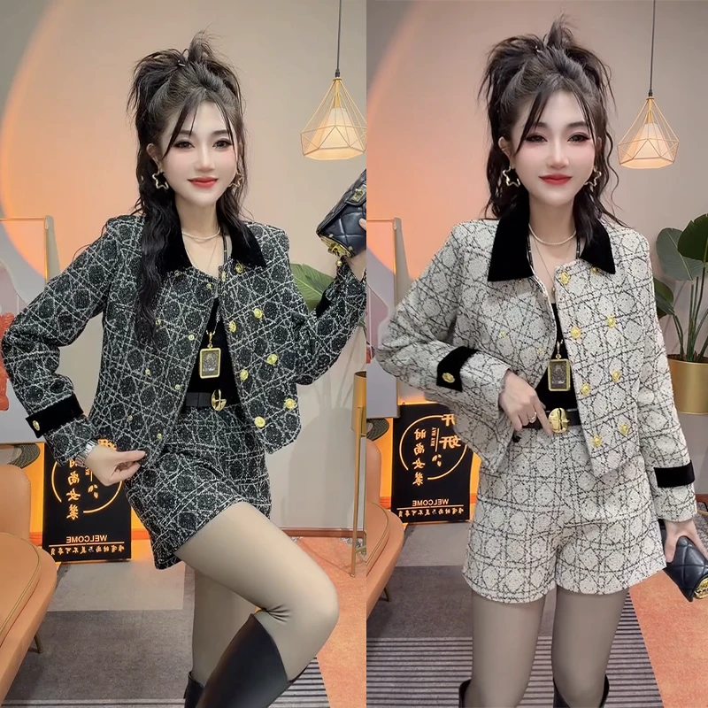 秋冬洋气显瘦轻熟风气质百搭小香风外套+短裤时尚香风套装