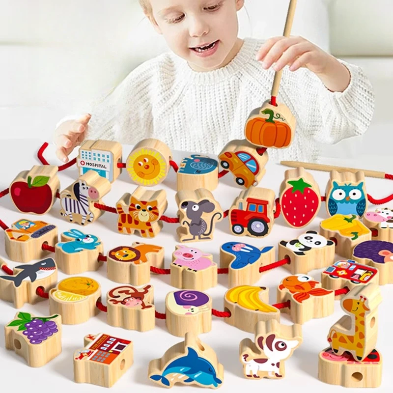 实木串珠玩具大颗粒穿珠子训练益智玩具教具积木