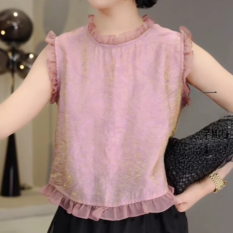 2025夏季复古花边领口拼接暗纹提花百搭上衣LK2504717