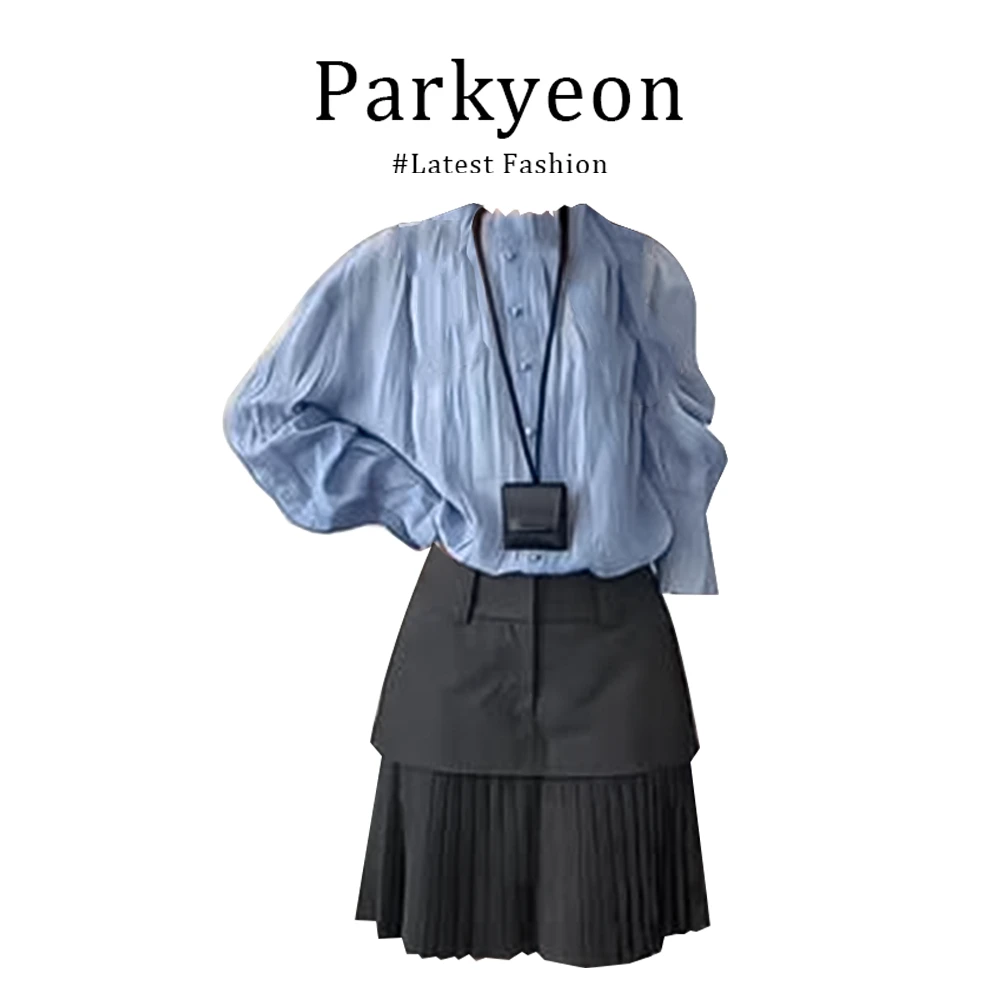 parkyeon法式蓝色立领长袖衬衫早秋女装灰色拼接百褶短裙两件套装