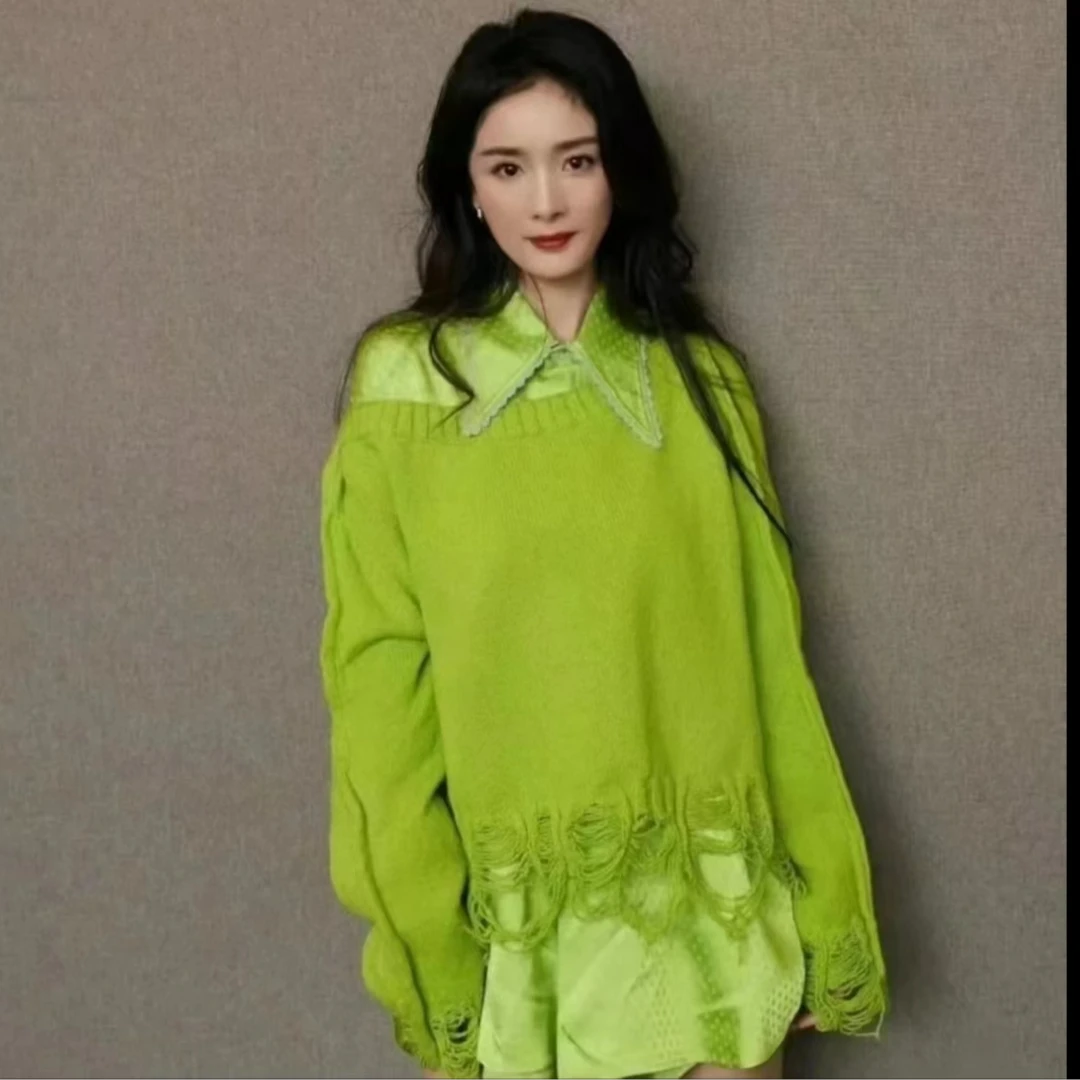 杨幂同款法式绿色波点大尖领气质中长款针织衫女叠穿不规则毛衣