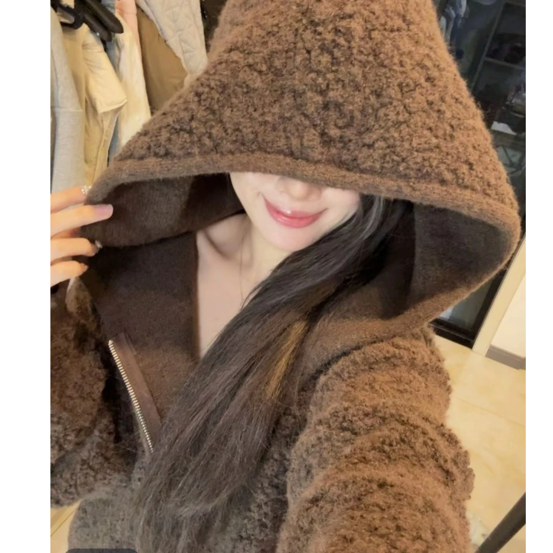 高上衣级感连帽拉链开衫毛衣女秋冬季新款宽松慵懒软糯加厚开衫