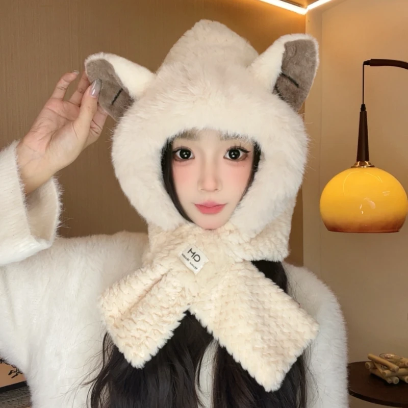 毛绒帽子女秋冬季围巾一体保暖加绒骑车围脖可爱防寒护耳防风百搭