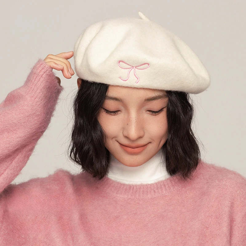 新款秋冬季韩版可爱蝴蝶结刺绣贝雷帽简约百搭日系甜美风画家帽