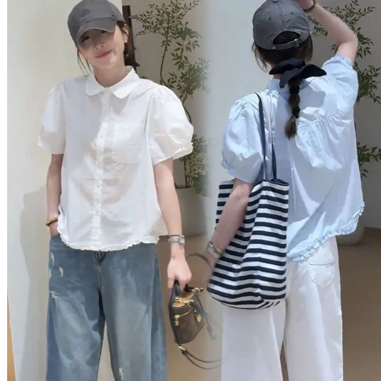 甜美减龄纯色短袖白色衬衫女2025夏季新款小众泡泡袖宽显瘦娃娃衫