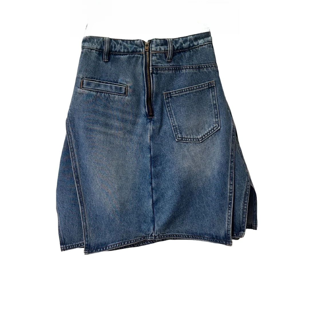 南油小众设计师新品不规则拉链牛仔半身裙