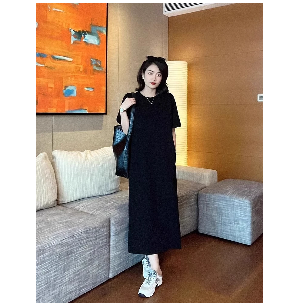 赫本风高级感正肩宽松显瘦长款T恤连衣裙女2025夏季气质小黑裙子