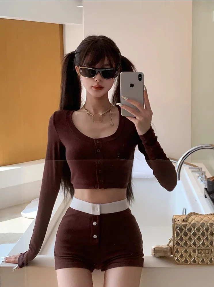 6239纯欲风开衫套装女小众短款T恤上衣短裤