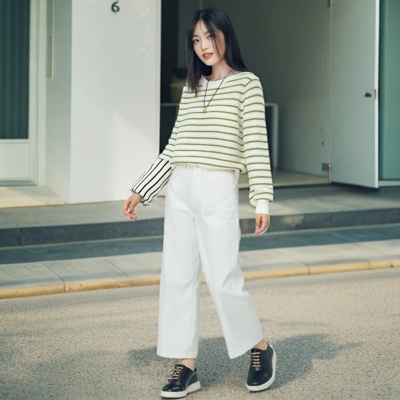 条纹针织衫春秋新款清新宽松打底长袖时尚毛衣圆领上衣女百搭