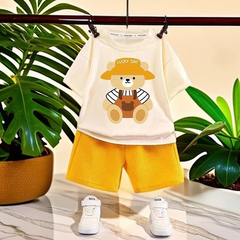 儿童夏季华夫格短袖宝宝儿童童装宽松男童夏季休闲衣服套装