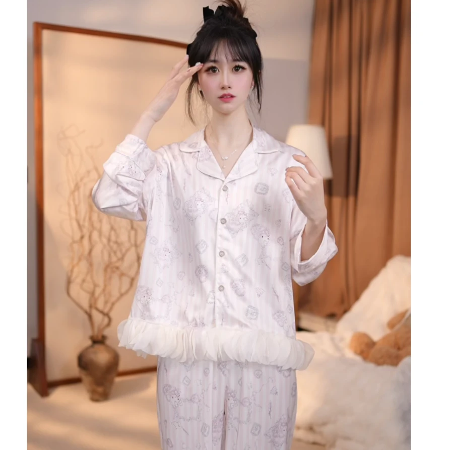 查理夫人【新下摆花】无边码丝滑睡衣长袖女士家居服宽松春套装睡衣