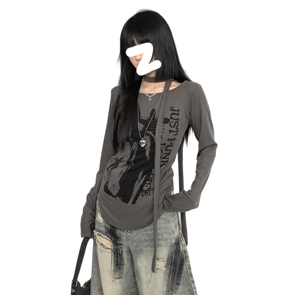 美式辣妹修身长袖上衣内搭春秋打底衫T恤女潮送小围脖