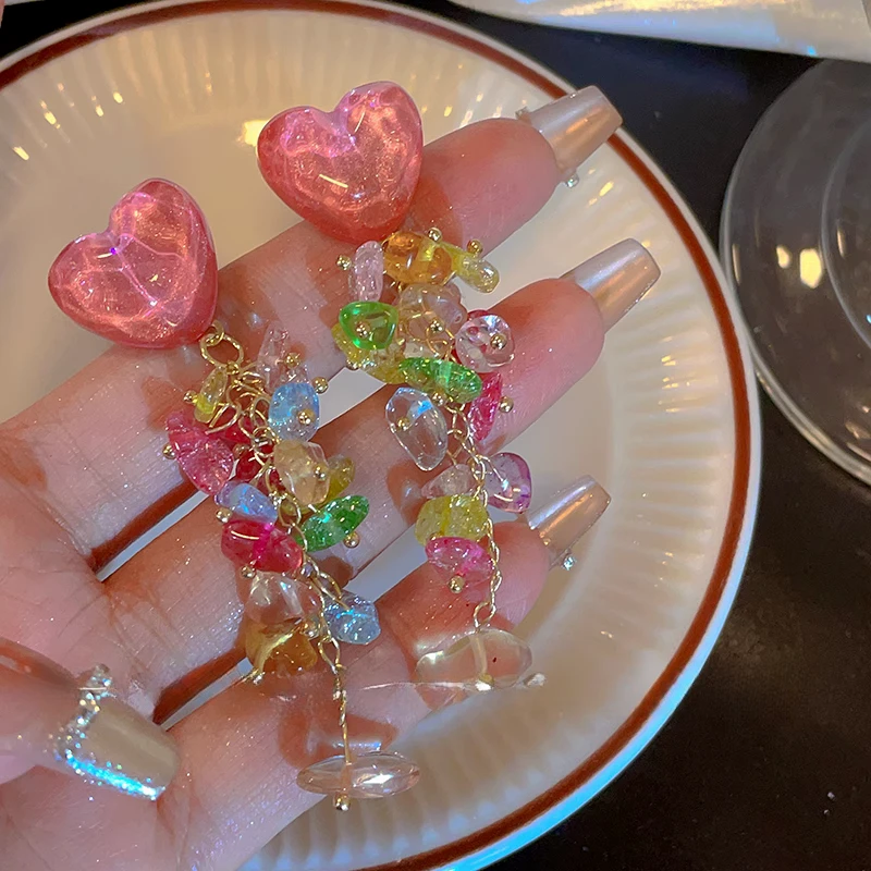法式粉色碎石流苏耳钉女ins小众设计感耳环气质甜美爱心耳饰耳钉