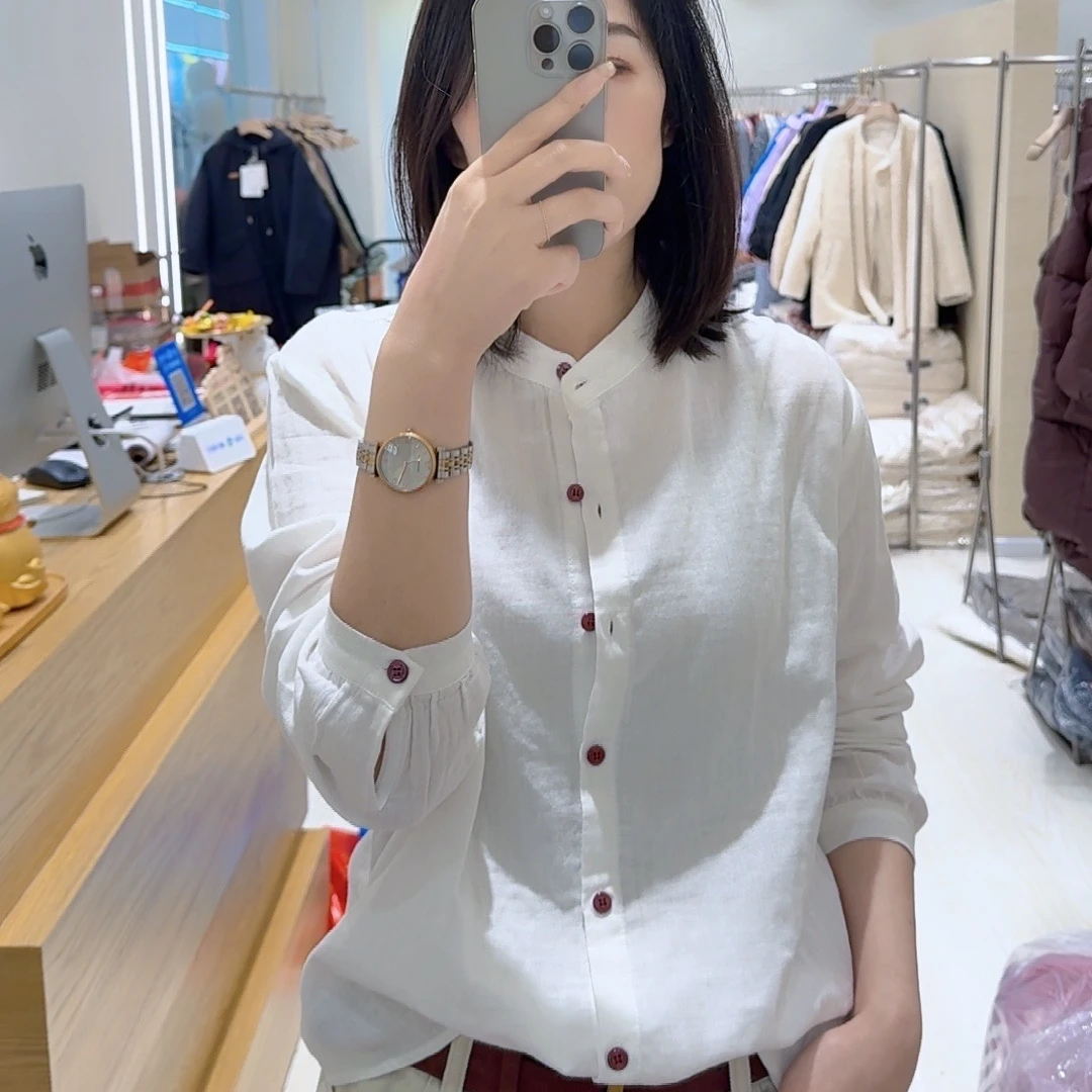 2025春季新款纯棉立领长袖衬衫女宽松显瘦棉衬衫CS1104