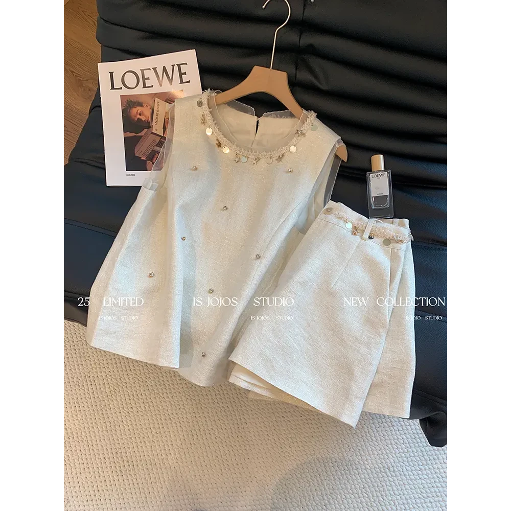 E344+E345法式小香风贝壳钉珠套装洋气时尚减龄百搭短裤两件套