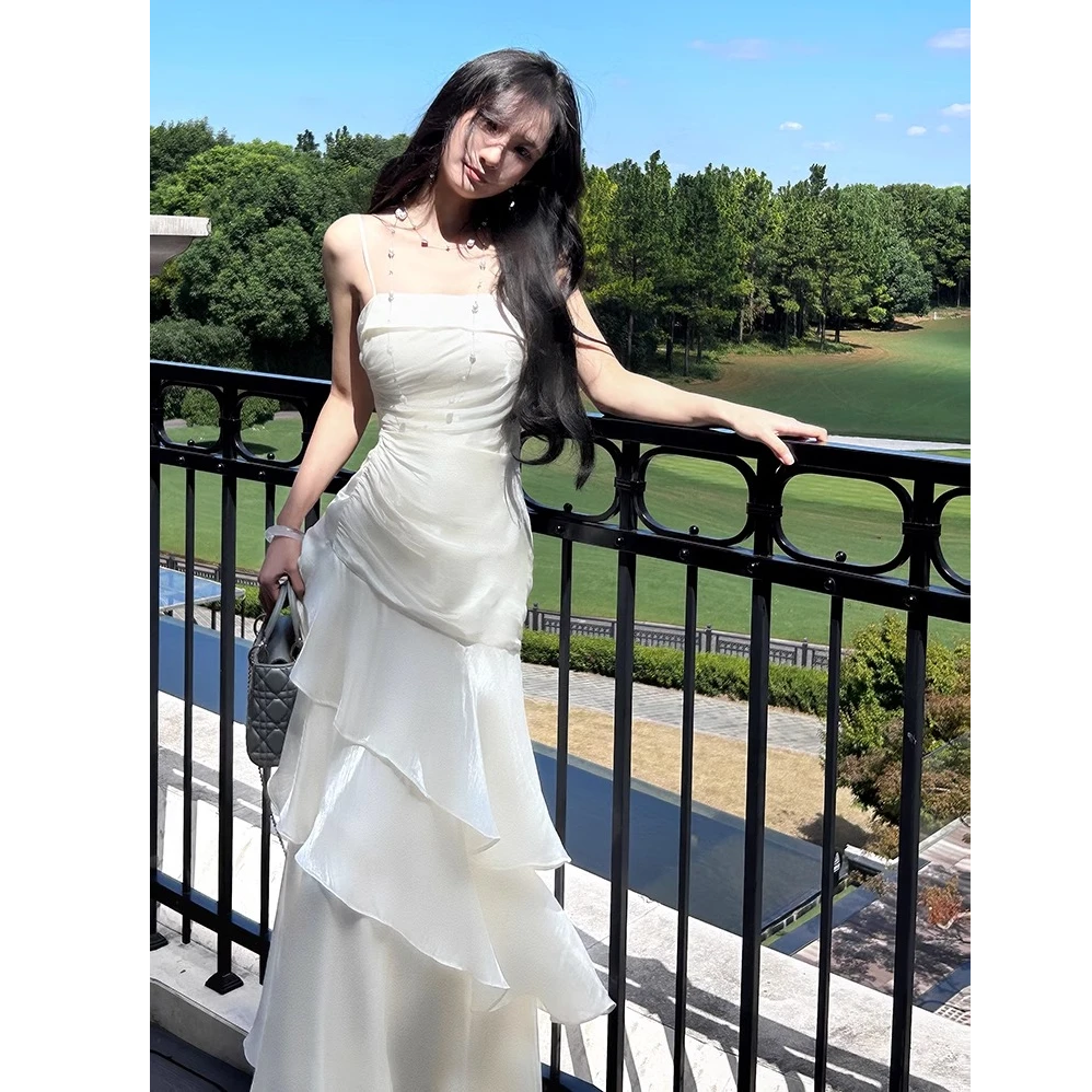 【LJ】白色吊带礼服连衣裙秋季新款鱼尾裙法式高级长裙裙子显瘦