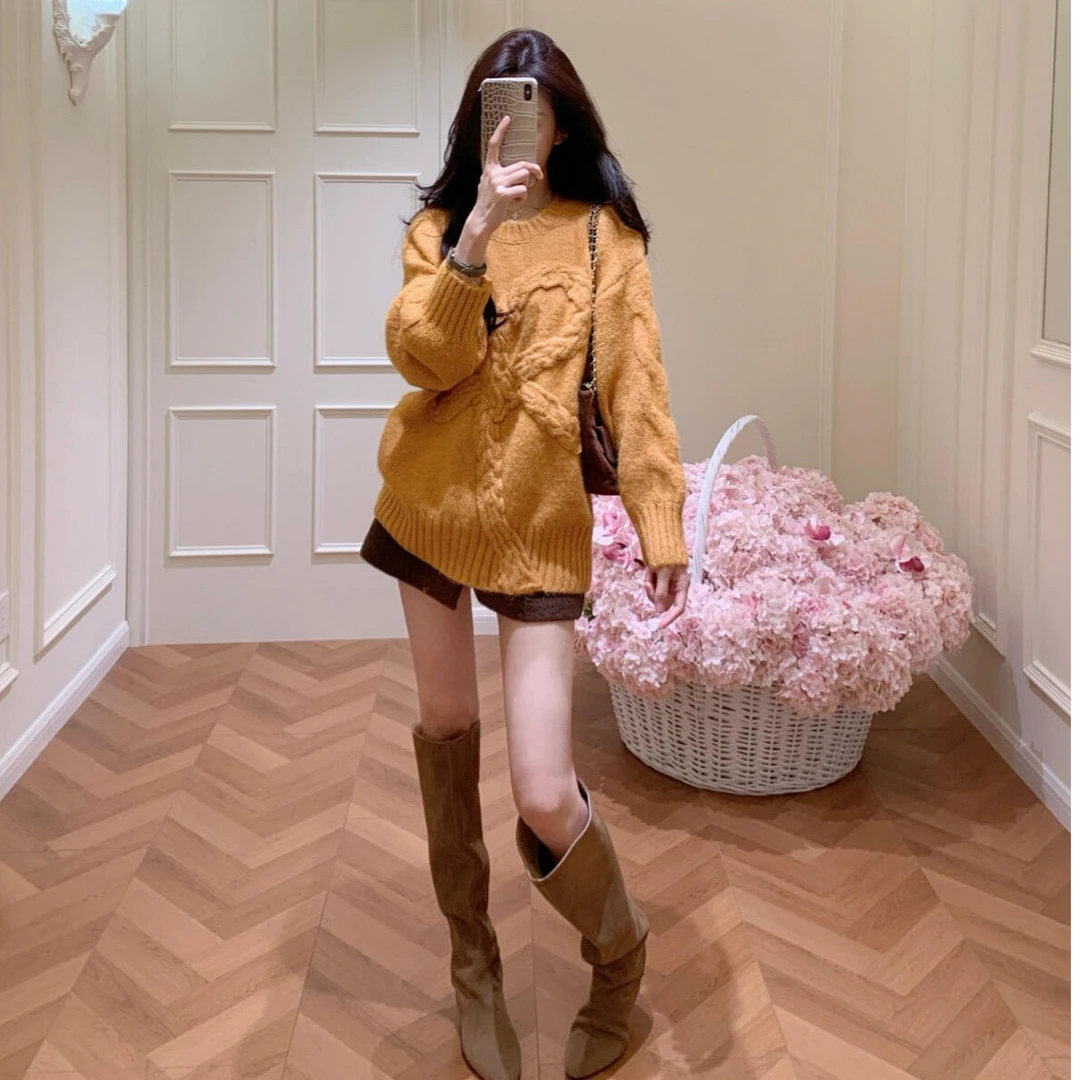 226秋冬新款韩系气质慵懒风黄色蝴蝶结宽松针织衫高腰半身裙套装